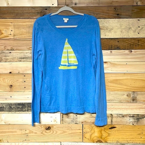 J. Crew size large blue lightweight crewneck sweater with sailboat on it - Picture 1 of 7